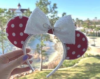 Rhinestone Red Minnie Mouse ears headband for adults teens kids, whimsical white polka dot Minnie ears, rhinestone pearl Deluxe Disney ears