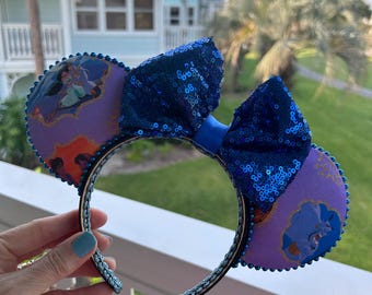 Aladdin Mickey Ear headband for adults teens kids, Princess Jasmine Minnie Ears for girls trip, blue Genie themed headband ears for Disney