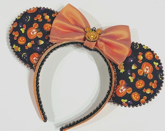 Mickey pumpkin mouse headband ears for adults, Spooky pumpkin ears for disney trip, Halloween Party headband for teens,black and orange ears