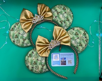 Princess Tiana Minnie Ears for adults, Princess and the Frog Mickey ears, Tiana Mickey ears headband for Disney, Green and Gold Minnie ears