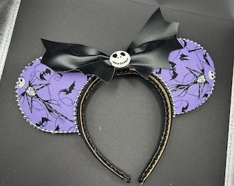 Jack Skellington Mickey ears for adults teens kids, Nightmare Before Christmas Disney ears, Pumpkin King Mouse ears with bat bow,Purple ears