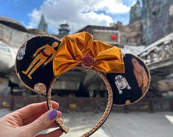 Droid Star Wars Mickey Ears Headband, R2-D2 BB-8 C-3PO Chewbacca ears, Double Sided Black Star Wars headband for Disney trip with copper bow