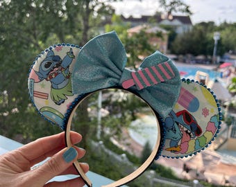 Stitch Mickey Ears | Tropical Stitch Minnie Headband | Handmade Lilo and Stitch Disney Park Ears for Adults | Beach Hawaii Stitch Mouse ears