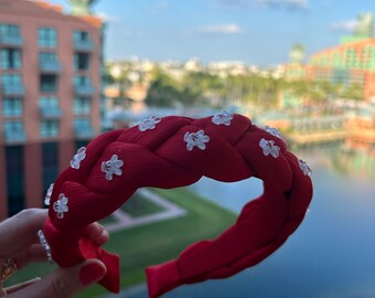 red Minnie Mouse headband for adult teen kids,elegant Minnie glove headband for Disney trip, Mickey charm braided headband for themed outfit