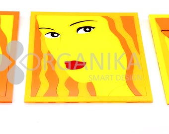 Decor wall Art "Her Face" Yellow/Orange. Made with 1/8 " Acrylic Sheet 7" W x 7" each piece (approx. measurements) Wall Hanging  3 pieces