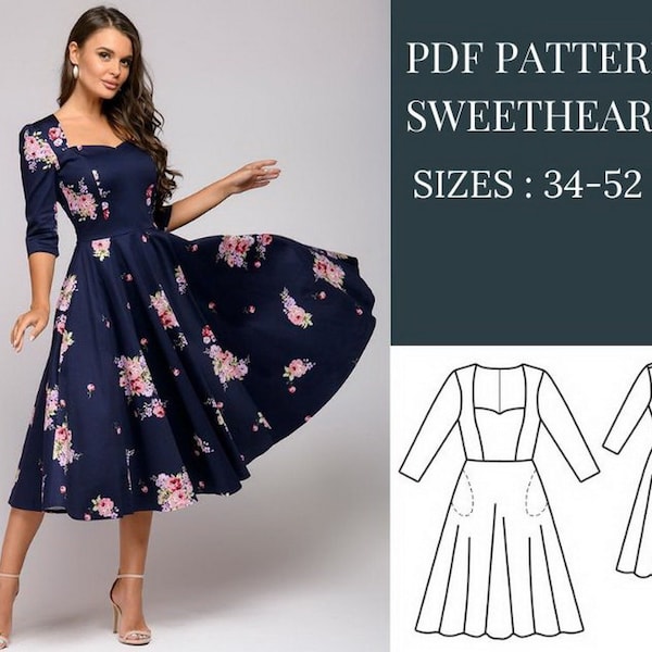 Kleider Schnittmuster, Schnittmuster Kleid, Pattern Nähen, Midi Kleid Schnittmuster, PDF Schnittmuster, Kleid Schnittmuster, Vintage Kleid Schnittmuster