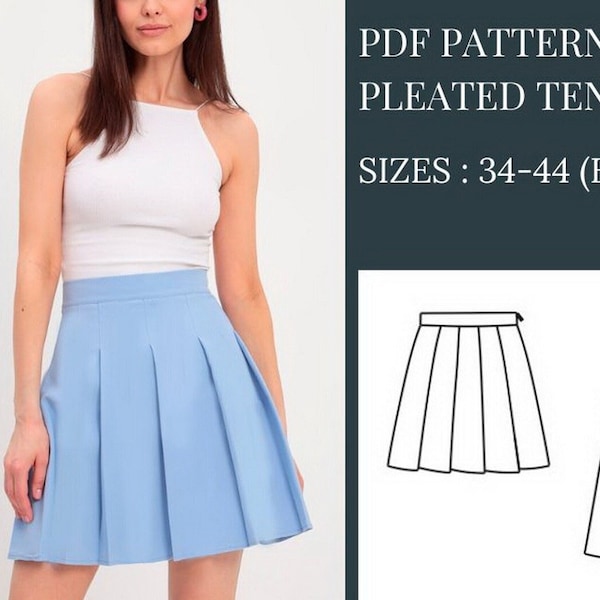 Pleated Tennis Skirt Pattern, Sewing Pattern, Pattern Sewing, PDF Sewing Pattern, Highwaisted Mini Skirt Pattern, Skater Skirt Pattern