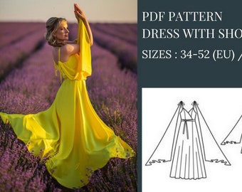 Maxi Dress with Shoulder Wings, Dress Pattern, Sewing Patterns, Pattern Sewing, Dress Pattern, Sewing Pattern PDF, Maxi Starp Dress Pattern