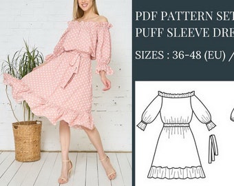 Puff Sleeve Dress Pattern, Sewing Pattern, Off the Shoulder Dress Pattern, Pattern Sewing, PDF Dress Pattern PDF, Puff Sleeve Top Pattern