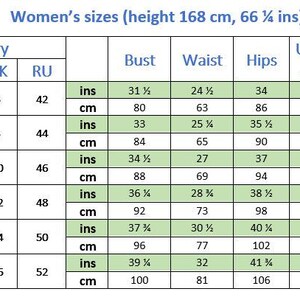 May include: A size chart table for clothing featuring columns for EU, US, UK, and RU country sizes. The table lists measurements in inches and centimeters for bust, waist, hips, upper arm, and arm length, with a reference height of 168 cm or 66 1/4 inches.