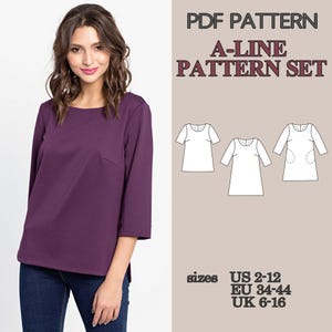 May include: A PDF pattern A-line pattern set for a top and dress with three-quarter sleeves and a scoop neckline. The text reads PDF PATTERN A-LINE PATTERN SET and sizes US 2-12, EU 34-44, UK 6-16. Includes line drawings of three garment variations.