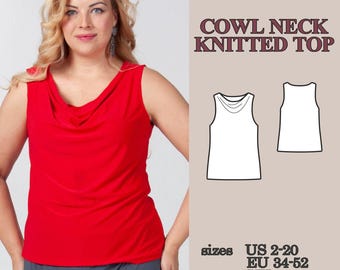 Patrón de costura en PDF para top con cuello vuelto, patrón de blusa de punto sin mangas, top de verano con escote drapeado, instrucciones para principiantes.