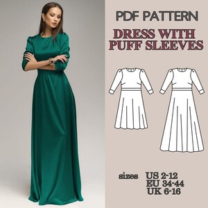 May include: A PDF pattern for a floor-length emerald green dress with puff sleeves. The image displays the finished dress and a technical line drawing of the garment. Text includes PDF PATTERN, DRESS WITH PUFF SLEEVES, and sizes US 2-12, EU 34-44, UK 6-16.