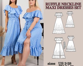 Patrón de costura en PDF para vestido largo con hombros descubiertos, 2 opciones de vestido: vestido largo con volantes y vestido con abertura, patrón para vestido de boda y vacaciones, vestido de graduación.