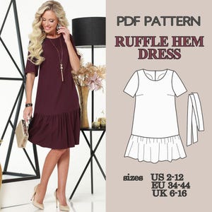 Free Dress Pattern, Short Sleeve Dress Sewing Pattern, Ruffle Hem Dress Pattern, Women PDF Sewing Pattern, Belted Dress Summer Dress Pattern image 3