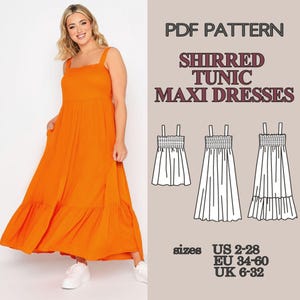 May include: A PDF pattern for a shirred tunic maxi dress. The image displays a bright orange sleeveless maxi dress with a shirred bodice and tiered skirt. Technical line drawings show three variations of the dress. Text includes PDF PATTERN, SHIRRED TUNIC MAXI DRESSES, and sizes US 2-28, EU 34-60, UK 6-32.