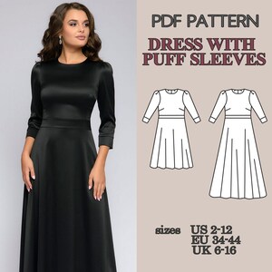 May include: A black dress with puff sleeves and a round neckline, shown in a PDF pattern with technical line drawings. The text reads PDF PATTERN DRESS WITH PUFF SLEEVES and lists sizes US 2-12, EU 34-44, and UK 6-16 for the sewing project.