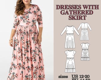 PDF Sewing Pattern Dress Set, Midi and Maxi Dress Patterns, Ruffle Hem Dress, Gathered Waist Dress, Short Sleeve Dress Pattern, Summer Dress