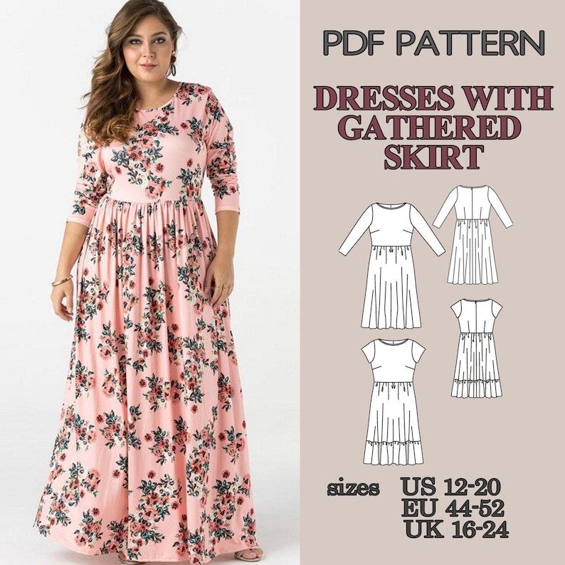 PDF Sewing Pattern Dress Set, Midi and Maxi Dress Patterns, Ruffle Hem Dress, Gathered Waist Dress, Short Sleeve Dress Pattern, Summer Dress image 1