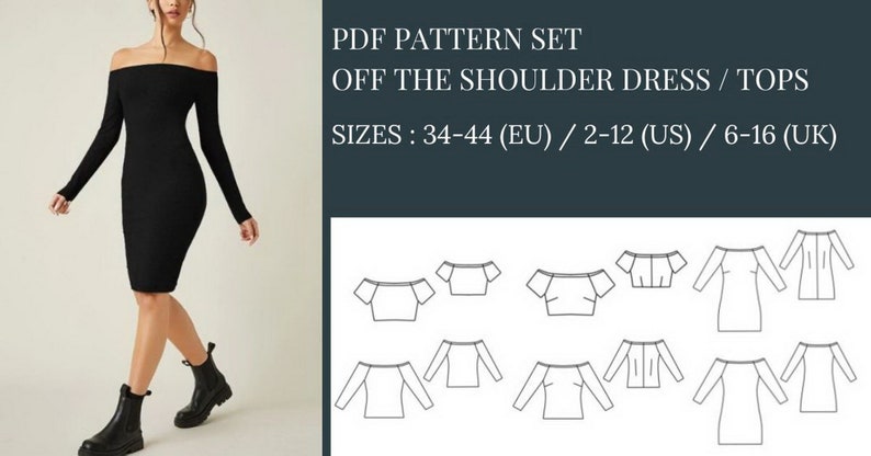 Crop Top Sewing Pattern, Sewing Pattern, Pattern Sewing, Off the Shoulder Dress Sewing Pattern, Top Pattern, Off the shoulder top sewing pattern, Sewing Pattern PDF, Dress Pattern PDF, Knitted top sewingpattern, Mini dress sewing pattern