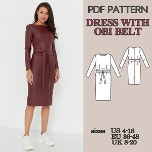 Mönster för figurnära klänning i PDF-format, fodralklänning med Obi-bälte, knälång pennklänning med slits bak, elegant damklänning bild 7