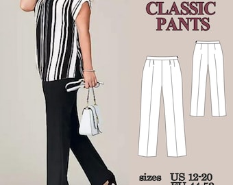 Classic Pants Sewing Pattern, Straight Leg Pants Pattern, High Waist Trousers Pattern, Pleated Pants, Women PDF Pattern Free Sewing Pattern