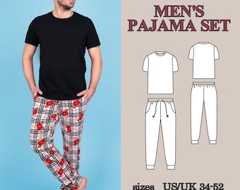 Patrón de costura en PDF para pijama de hombre, conjunto de pantalón deportivo y camiseta, patrón sencillo para estar en casa con bolsillos, ideal para principiantes.