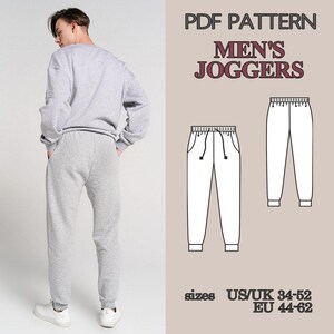 May include: A person wearing a gray sweatshirt and matching joggers. The image includes a PDF pattern for men's joggers, with size information in US/UK and EU measurements. The text on the pattern reads "MEN'S JOGGERS".