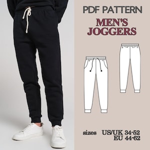 May include: Black joggers with a drawstring waist and elastic cuffs. The image includes a PDF pattern graphic with the text "MEN'S JOGGERS" and size information: US/UK 34-52, EU 44-62. The joggers are shown on a person wearing white sneakers.