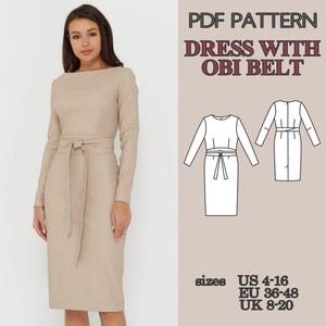 Mönster för figurnära klänning i PDF-format, fodralklänning med Obi-bälte, knälång pennklänning med slits bak, elegant damklänning bild 8