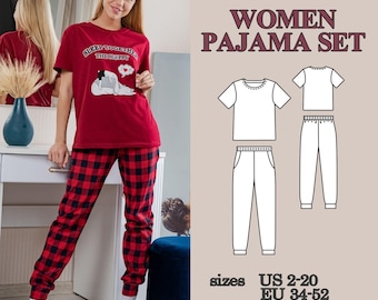 Patrón de costura en PDF para pijama de mujer, conjunto de pantalón deportivo y camiseta para dormir, patrón de ropa cómoda para estar en casa con bolsillos, costura fácil.