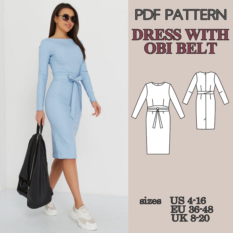 Mönster för figurnära klänning i PDF-format, fodralklänning med Obi-bälte, knälång pennklänning med slits bak, elegant damklänning bild 2