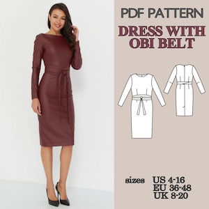 Mönster för figurnära klänning i PDF-format, fodralklänning med Obi-bälte, knälång pennklänning med slits bak, elegant damklänning bild 4