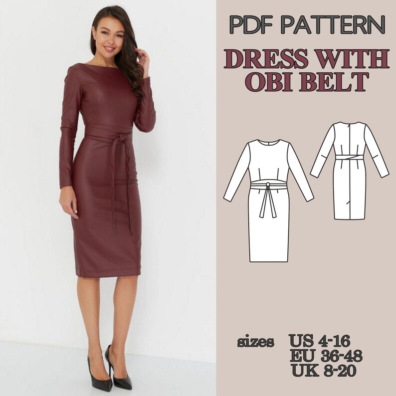Mönster för figurnära klänning i PDF-format, fodralklänning med Obi-bälte, knälång pennklänning med slits bak, elegant damklänning bild 4