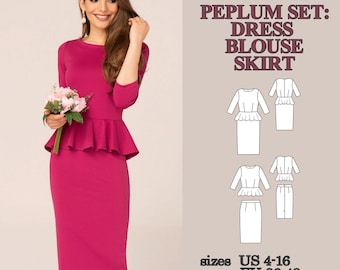 Peplum Dress Pattern 3 in 1 Sewing Pattern PDF Set, Pencil Skirt + Peplum Blouse + Long Sleeve Peplum Dress, Knit and Stretch Fabric Pattern