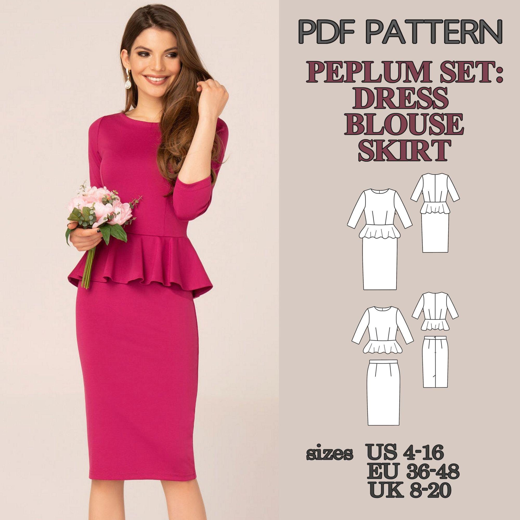 Peplum Dress Pattern 3 in 1 Sewing Pattern PDF Set, Pencil Skirt + Peplum  Blouse + Long Sleeve Peplum Dress, Knit and Stretch Fabric Pattern - Etsy