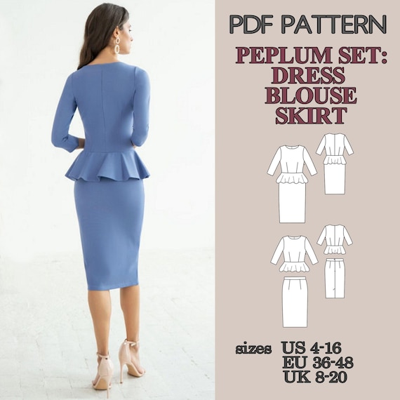 womens peplum dress pattern Peplum Dress Pattern 3 in 1 Sewing Pattern PDF Set, Pencil Skirt + Peplum  Blouse + Long Sleeve Peplum Dress, Knit and Stretch Fabric Pattern