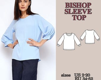 Patrón de costura en PDF para blusa con mangas abullonadas, blusa de cuello redondo de corte relajado, elegante blusa con mangas llamativas.
