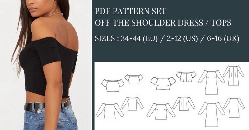 Crop Top Sewing Pattern, Sewing Pattern, Pattern Sewing, Off the Shoulder Dress Sewing Pattern, Top Pattern, Off the shoulder top sewing pattern, Sewing Pattern PDF, Dress Pattern PDF, Knitted top sewingpattern, Mini dress sewing pattern