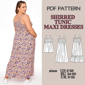 May include: A PDF pattern for shirred tunic maxi dresses featuring a floral print in shades of purple, orange, and black. The image displays a dress with a shirred bodice, wide straps, and a long skirt, alongside technical line drawings and size charts.