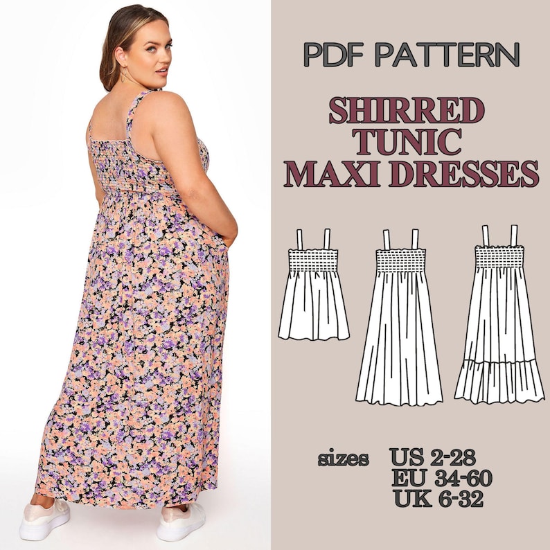 May include: A PDF pattern for shirred tunic maxi dresses featuring a floral print in shades of purple, orange, and black. The image displays a dress with a shirred bodice, wide straps, and a long skirt, alongside technical line drawings and size charts.