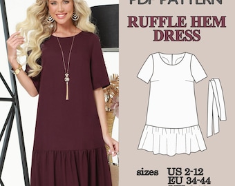 Free Dress Pattern, Short Sleeve Dress Sewing Pattern, Ruffle Hem Dress Pattern, Women PDF Sewing Pattern, Belted Dress Summer Dress Pattern