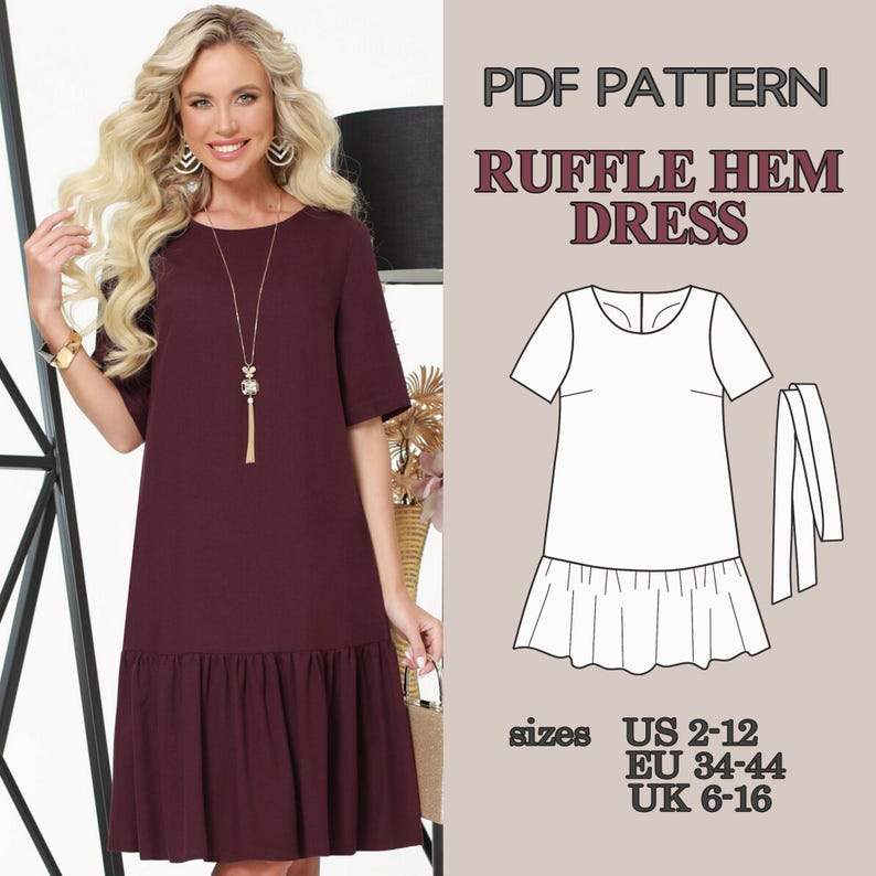 Free Dress Pattern, Short Sleeve Dress Sewing Pattern, Ruffle Hem Dress Pattern, Women PDF Sewing Pattern, Belted Dress Summer Dress Pattern image 1
