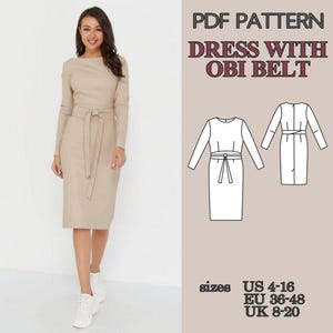 Mönster för figurnära klänning i PDF-format, fodralklänning med Obi-bälte, knälång pennklänning med slits bak, elegant damklänning bild 9