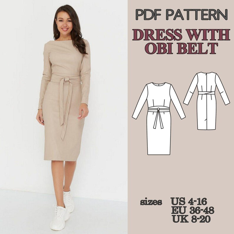 Mönster för figurnära klänning i PDF-format, fodralklänning med Obi-bälte, knälång pennklänning med slits bak, elegant damklänning bild 9