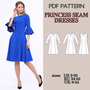 Princess Seam Dress Sewing Pattern PDF Set, 3 Dresses Bundle, Fitted Woven Dress with Invisible Zipper, Midi Dress Sewing Pattern