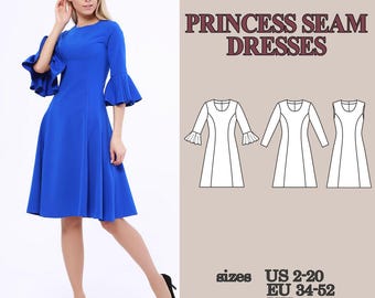 Patrón de costura en PDF para vestido con costura princesa, paquete de 3 vestidos, vestido ajustado de tela tejida con cremallera invisible, patrón de costura para vestido midi