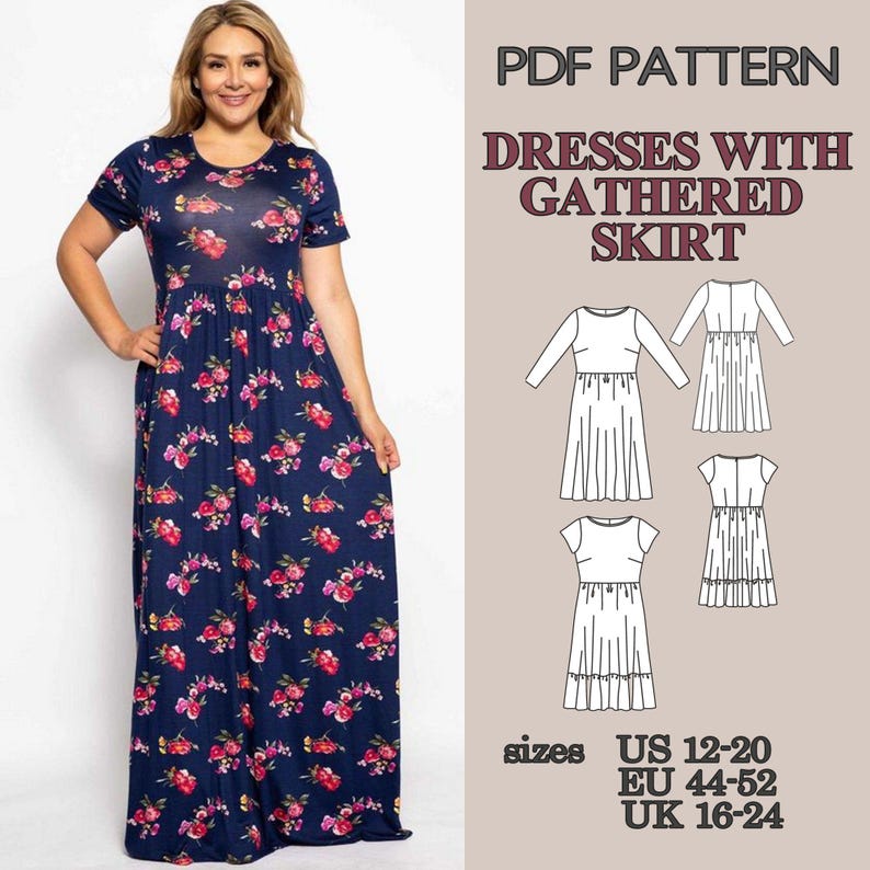 PDF Sewing Pattern Dress Set, Midi and Maxi Dress Patterns, Ruffle Hem Dress, Gathered Waist Dress, Short Sleeve Dress Pattern, Summer Dress image 2