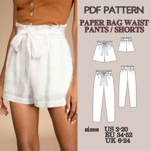 Cartamodello per pantaloni con vita a sacchetto di carta, modello per pantaloni da donna, modelli per pantaloncini in PDF, modelli per cucire, cartamodello per pantaloncini con vita a sacchetto di carta in PDF