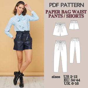 May include: A PDF pattern for paper bag waist pants and shorts. The image shows a light blue long-sleeve blouse with a tie neck and dark navy shorts with a tie waist. Technical line drawings display the shorts and pants designs with US sizes 2-12.